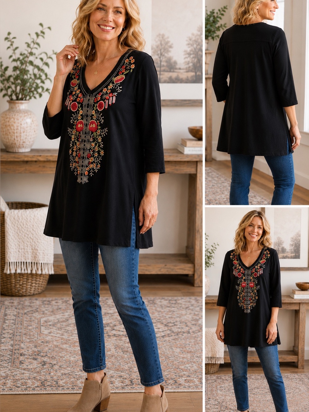 CAITE Black Embroidered Boho Tunic Top Floral V-Neck 3/4 Sleeve Size Medium